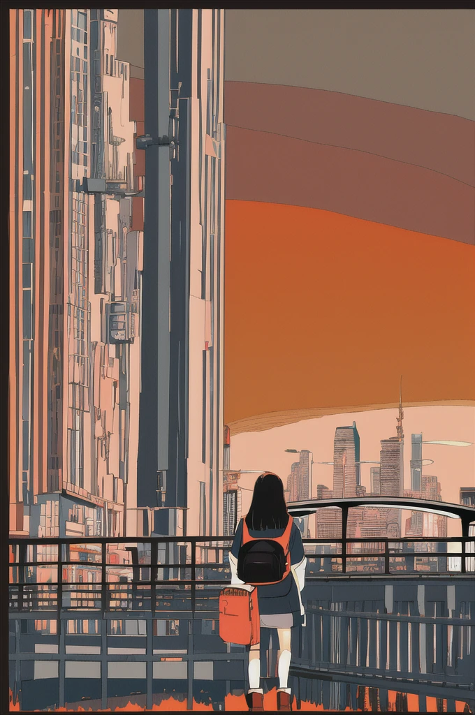 masterpiece, best quality, flat color, limited palette, low contrast,
(ligne claire),
1girl, long straight black hair, halo, backpack
looking away, standing.
smoke, night sky, city, sunset, sky scrapers, bridge, road signs,
depth of field, border,
black, red, orange, brown, autumn, haze