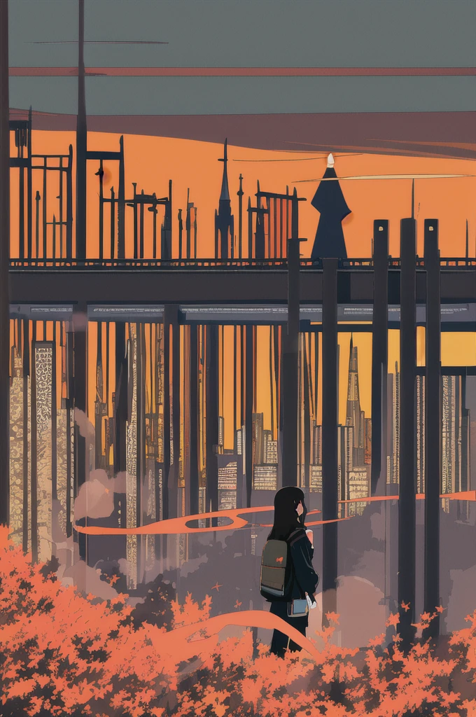 masterpiece, best quality, flat color, limited palette, low contrast,
(ligne claire),
1girl, long straight black hair, halo, backpack
looking away, standing.
smoke, night sky, city, sunset, sky scrapers, bridge, road signs,
depth of field, border,
black, red, orange, brown, autumn, haze