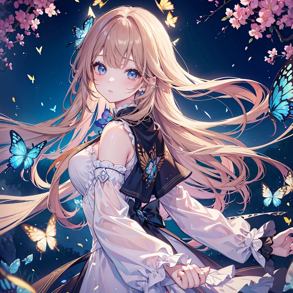 A beautiful adult girl, kawaii style, brown long hair with bangs, piercing blue eyes, butterflies flying around her, delicate detailed face, elegant expression, colorful fantasy landscape background, soft lighting, pastel colors, vibrant, dreamlike, highly detailed, photorealistic, 8K, masterpiece