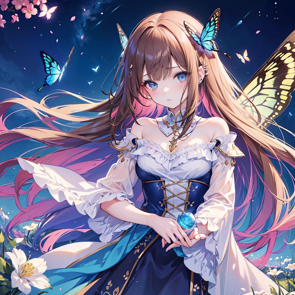 A beautiful adult girl, kawaii style, brown long hair with bangs, piercing blue eyes, butterflies flying around her, delicate detailed face, elegant expression, colorful fantasy landscape background, soft lighting, pastel colors, vibrant, dreamlike, highly detailed, photorealistic, 8K, masterpiece