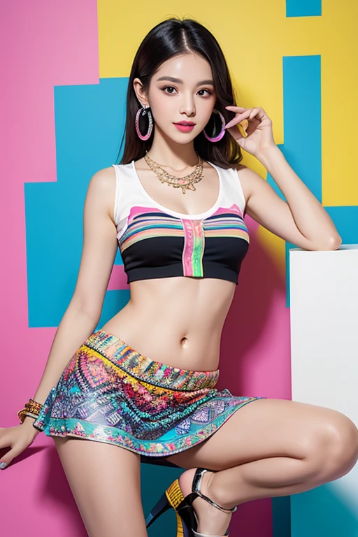 best quality, masterpiece, sleeveless tee, Tight, belly button exposed, H-shaped skirt that reveals more than 10cm above the knees, High heels that are very flashy and have a heel of more than 7 cm., large, colorful necklace, large and colorful earrings, large and colorful bracelets, Stockings with colorful and unconventional colors and patterns, Underwear with flashy and unconventional colors, patterns and shapes