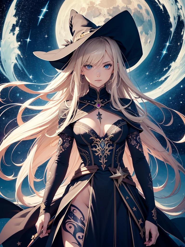 (masterpiece), best quality, high quality, 8k, wallpaper, (ultra-detailed:1.3), expressive sharp blue eyes,perfect face, (Witch), long blond shining hair, flying through sky on broom, wearing expressive clothes, (drawing style:1.5), expressive detailed jewelry, expressive detailed tattoos on body

Setting/location: flying in the sky, by night, moon shining,  star sky, smooth lightning, position little ov center