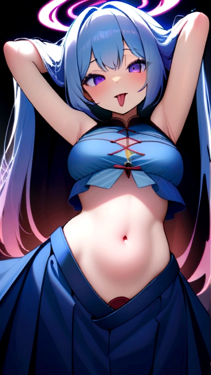 Girl, medium ruffled layered blue hair, purple eyes, open belly, Masterpiece ultra high quality, high-quality, Good detail, sticking out tongue, long tongue, hakama outfit with stomach exposed, half-body shot above waist, fire halo like circle around body, hands behind head.