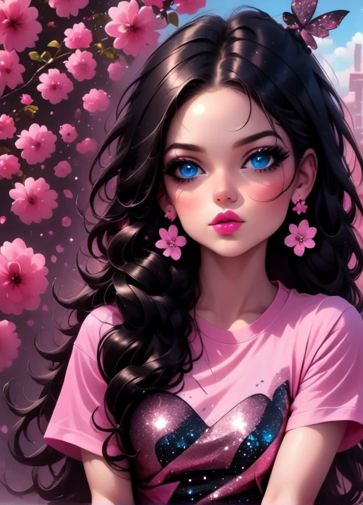 Pink tee shirt with black glitter and flowers worn with riped u sexy style jeans  poercing blue eyes long black thick hair sparkling glitter eye makeup long black eyelashes pink lipstick ultra detailed 8k best quality most beautiful european beauty every mans fantasy she is in a jewelry store buying 