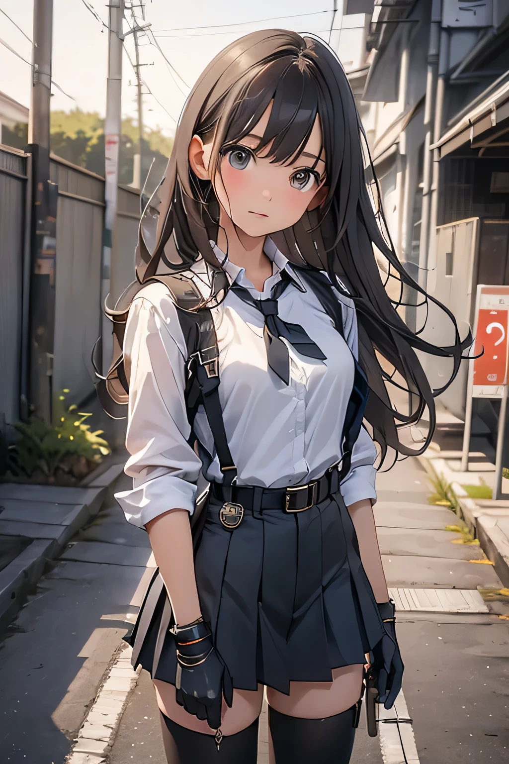 high quality, masterpiece, Ultra-high resolution, (realism: 1.4), Oil painting style, Cinema Lighting, , I stood on the empty asphalt road and looked at it., And the suspenders with the cranes flying　　Large Breasts　 　 　　　　Small face　 　　　holster　　　　　　　 Lying in bed　Looking up　　　　Sweat 　　　belt　summer　脇Sweat 　Black Hole Gloves　suit　　　　 mini skirt　garterbelt　Leg Links　ズボンにbelt　　holster　 　　Hands behind your back　 Anxious expression　Looking up　Anxious face　Knee-high　Knee socks　Knee-highソックス garterbelt　garter　ふとももにgarterbelt