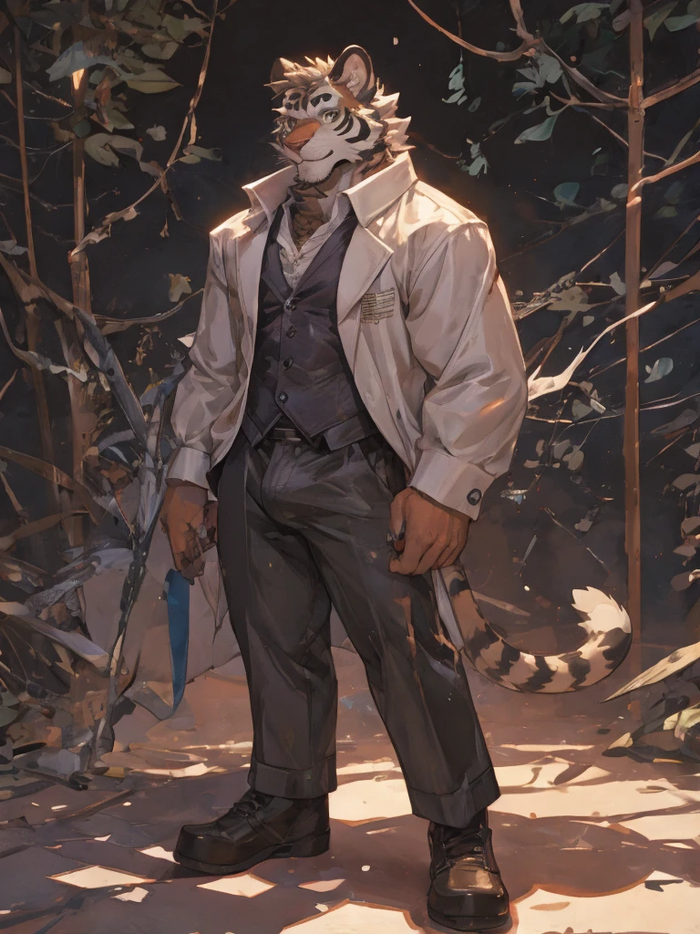 {{bara extremely handsome white tiger,}} {{white fur,}} white, wearing elegant ornate suit jacket, trousers, white dress shirt and necktie, white fluffy furry body and limbs, loafers, very tall, very broad shoulders, narrow waist, muscular arms, massive pecs, purple eyes, very long legs, massive bulge, sophisticated hot look, full body, 3/4 view, best quality, high quality, silver earring on left ear, sultry smirk, multiple views, character sheet