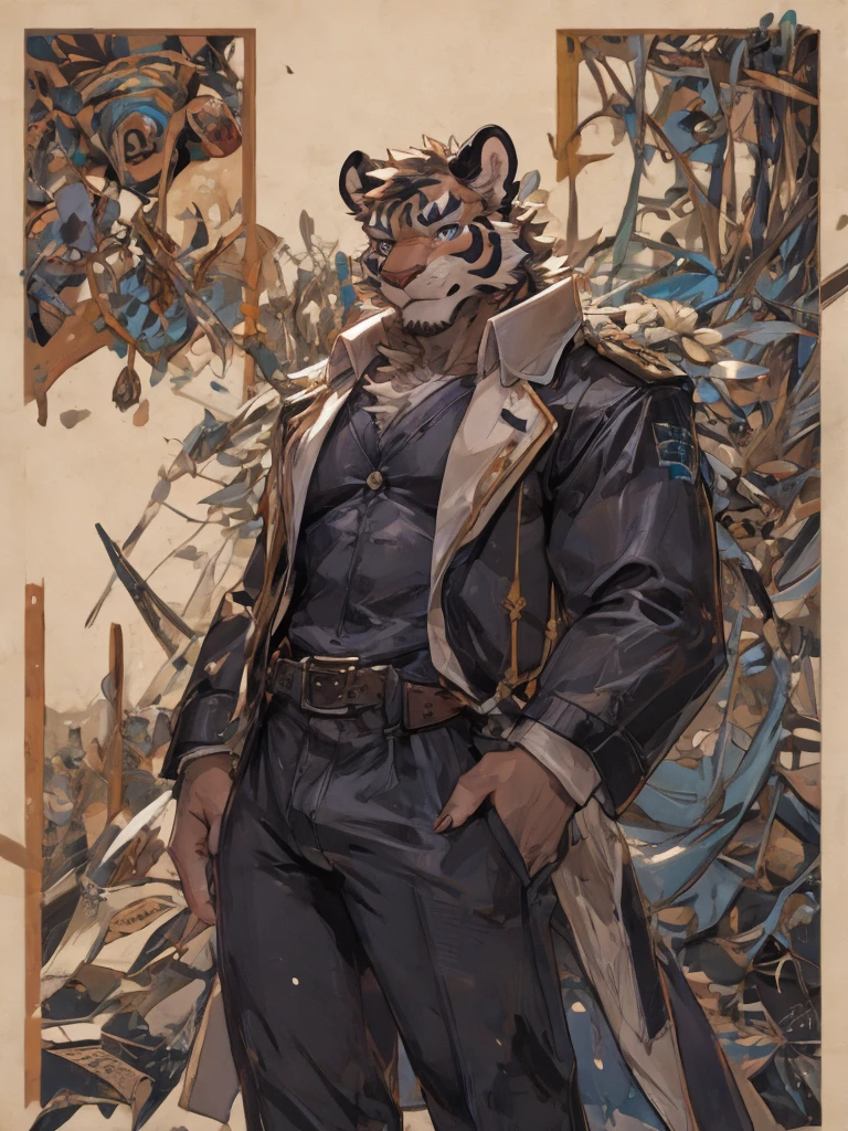 {{bara extremely handsome white tiger,}} {{white fur,}} white, wearing elegant ornate suit jacket, trousers, white dress shirt and necktie, white fluffy furry body and limbs, loafers, very tall, very broad shoulders, narrow waist, muscular arms, massive pecs, purple eyes, very long legs, massive bulge, sophisticated hot look, 3/4 view, best quality, high detail, CG image, character splash art, silver earring on left ear, sultry smirk