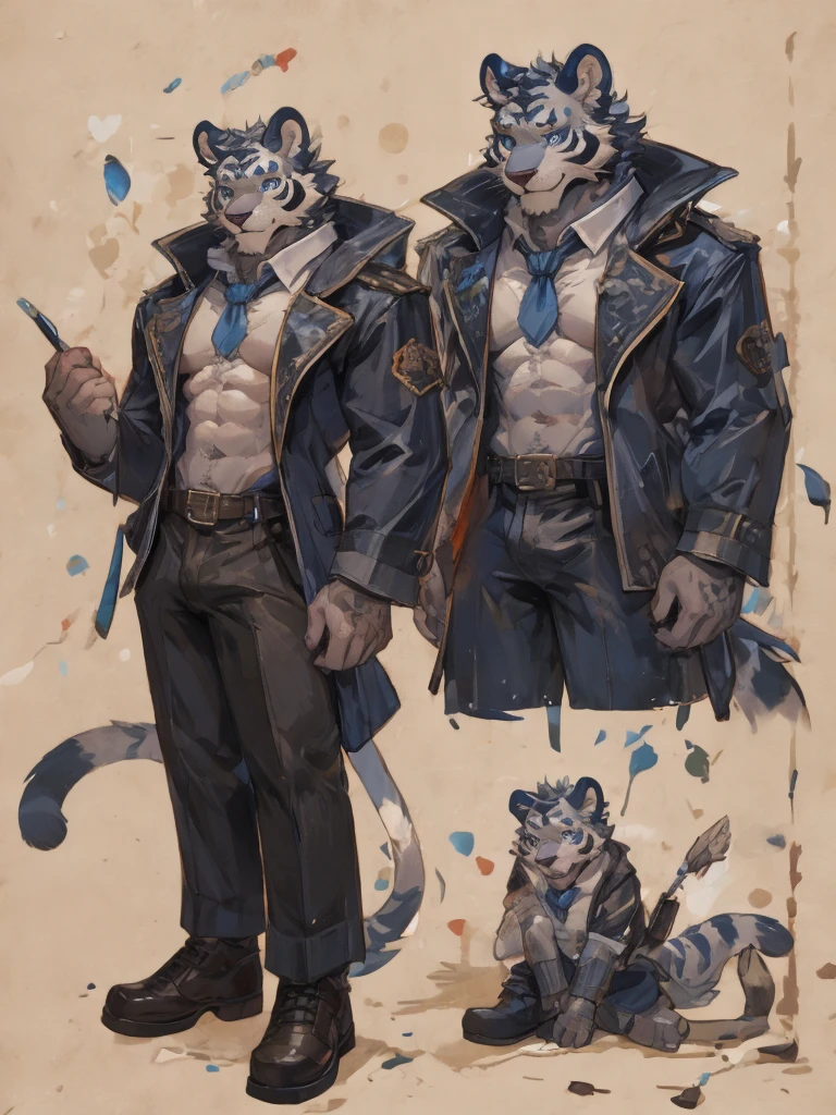 {{bara extremely handsome white tiger,}} {{white fur,}} white, wearing elegant ornate suit jacket, trousers, white dress shirt and necktie, white fluffy furry body and limbs, loafers, very tall, very broad shoulders, narrow waist, muscular arms, massive pecs, purple eyes, very long legs, massive bulge, sophisticated hot look, full body, 3/4 view, best quality, high quality, silver earring on left ear, sultry smirk, multiple views, character sheet