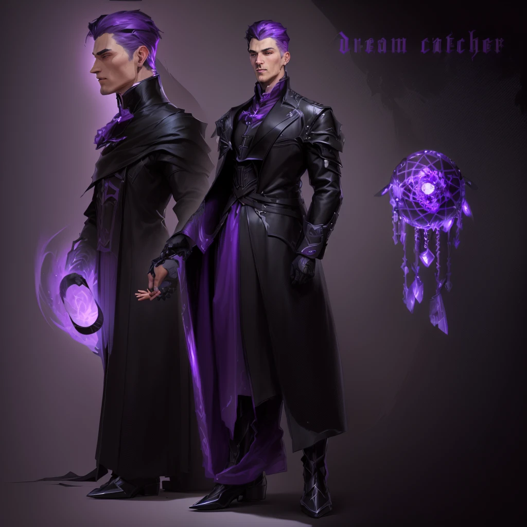 a man in a black coat and a purple hat is standing, !dream concept art, Ryan Glitter Concept Artist, unrealistic character concept, The concept of a fantasy character, Fantasy Character Design, realistic character concept, dark Fantasy Character Design, ( ( character concept art ) ), detailed character design, detailed character art, video game character concept, Male character design, game character concept art