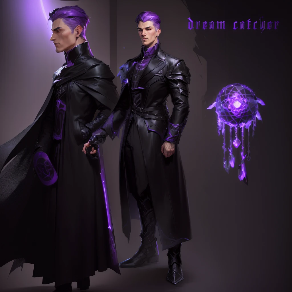 a man in a black coat and a purple hat is standing, !dream concept art, Ryan Glitter Concept Artist, unrealistic character concept, The concept of a fantasy character, Fantasy Character Design, realistic character concept, dark Fantasy Character Design, ( ( character concept art ) ), detailed character design, detailed character art, video game character concept, Male character design, game character concept art
