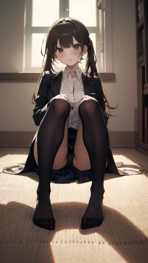 Top quality, masterpiece, High resolution, (Head to toe full body), front, frontやや下からの構図, Symmetric, Tall 18 year old girl, alone, (Head to toe), (Small breasts), Unkempt brown hair, bangs, (black tights), (Black Pantyhose), (Sit with your legs apart), (Crouching pose), (A composition showing white panties), (Her legs were spread、I see your white pants.), (I was made to sit on the floor with my legs spread..), (M-shaped legs), Thin legs, A very beautiful and tall 18 year old girl, (No shoes), blush, Shy big eyes, looking at the camera, Blazer Uniform, Checkered Pleated Skirt