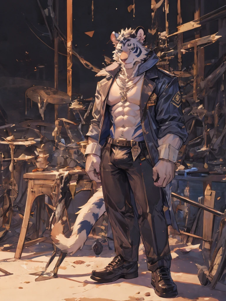 {{bara extremely handsome white tiger,}} {{white fur,}} white, wearing elegant ornate suit jacket, trousers, white dress shirt and necktie, white fluffy furry body and limbs, loafers, very tall, very broad shoulders, narrow waist, muscular arms, massive pecs, purple eyes, very long legs, massive bulge, sophisticated hot look, full body, 3/4 view, best quality, high quality, silver earring on left ear, sultry smirk, multiple views, character sheet