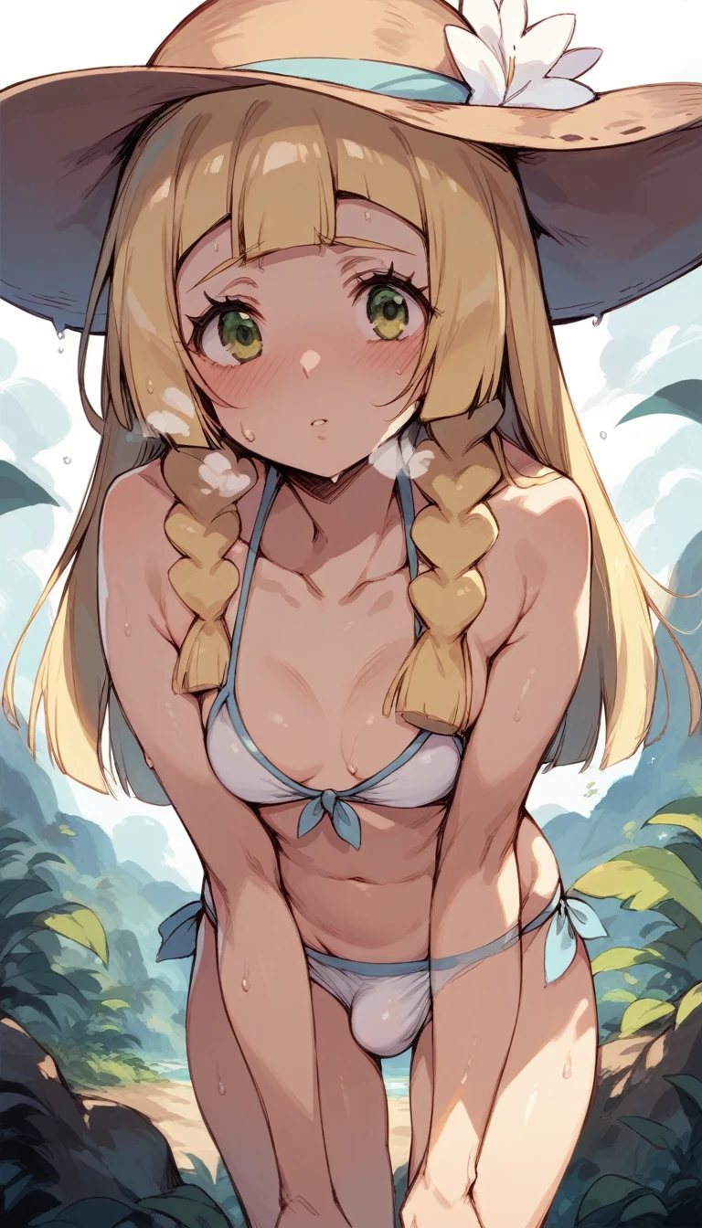 nsfw,1 person,Sweat,White Breath,solo,,Pokémon,Lillie,Groin bulge,bikini,Swimwear,Valley visible,Leaning forward,