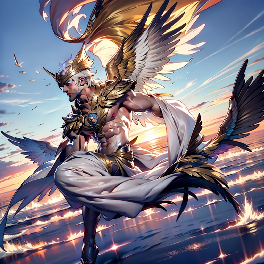 NSFW , 32k,masterpiece, best quality, detailed face, natural eyes,1man, solo mature man, muscled and mature, stephen amell as an angel , TOTALLY NAKED wearing a see thru transparent robe with THIN golden embroidery , SHOWING HIS COCK AND wearing 2 very WIDE angel's wings , showing muscles ,floating and flying in the sky with clouds , full body, intricate Detailed background at sunset