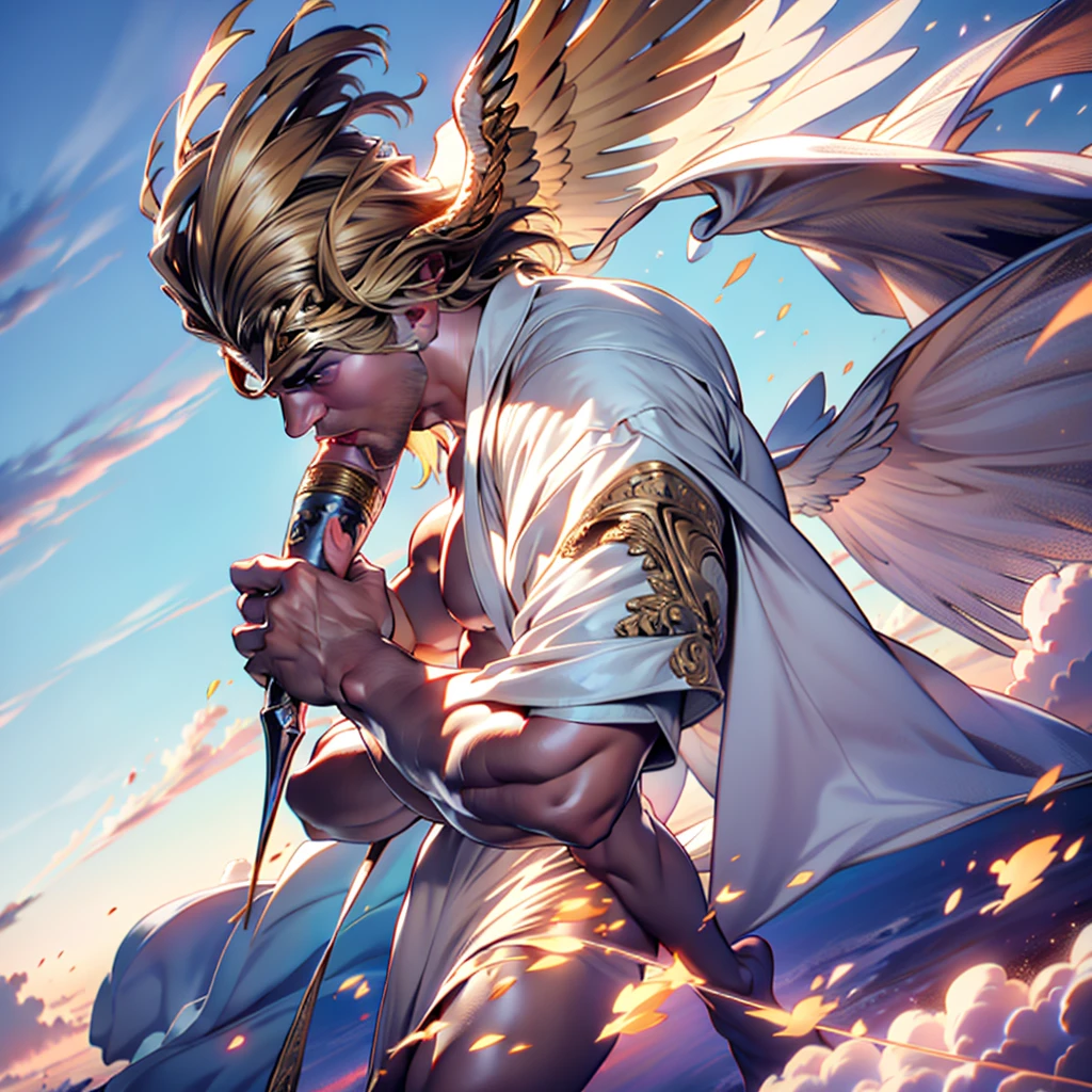 NSFW , 32k,masterpiece, best quality, detailed face, natural eyes,1man, solo mature man, muscled and mature, stephen amell as an angel , TOTALLY NAKED wearing a see thru transparent robe with THIN golden embroidery , SHOWING HIS COCK AND wearing 2 very WIDE angel's wings , showing muscles ,floating and flying in the sky with clouds , full body, intricate Detailed background at sunset