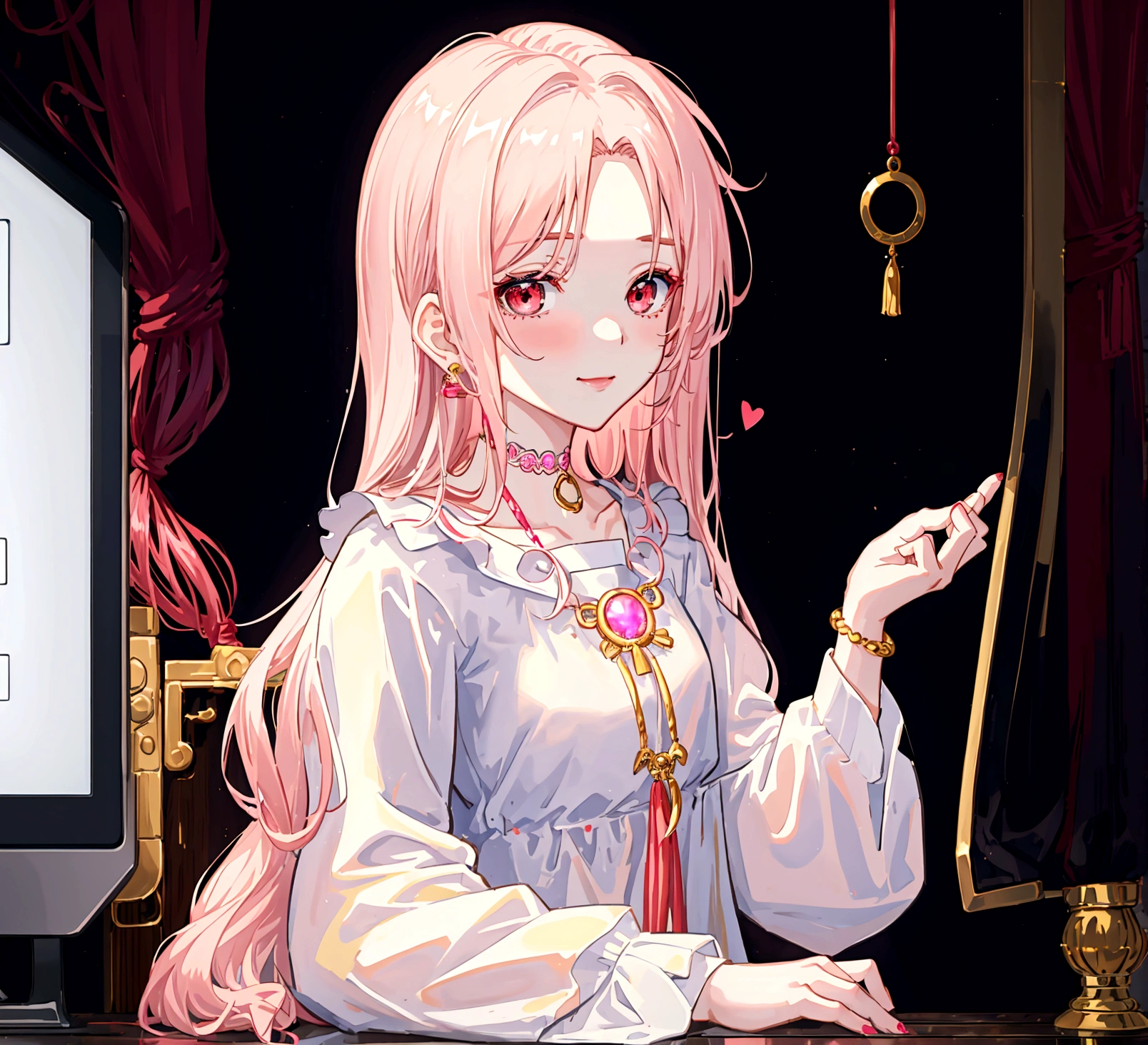 ((최고의 품질)), ((걸작)), (상세한), 여자 1명, Create an anime-style digital artwork of a character with long, straight, sleek blonde hair and bright red eyes. The character is wearing a white cardigan over a black tank top and dolphin shorts. She is accessorized with a pink heart pendant choker and long, decorative earrings. Her hair features a red heart hairpin on the side. The character is sitting in her room in front of a desktop computer, smiling warmly. The background should show a cozy room with soft lighting, with elements like a computer desk, monitor, and some personal items scattered around. The overall mood should be relaxed and inviting, capturing the essence of a casual day indoors.shiny forehead,slicked-back hair, forehead