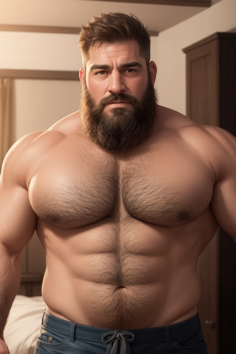 8KUHD Very Extremely Realistic Very Detailed High Quality Create a professional studio-style photograph featuring two middle-aged daddy muscle bears , burly, very hairy, very beared big daddy bear, and very realistic detailed rugged burly man and his husband in shorts. beards, very realistic hair, very realistic beards, very realistic thick chubby neck, very realistic neck lines, very realistic detailed neck, very realistic belly, very realistic burly chest, very realistic burly strong chest and arms, very realistic detailed hairy burly chest and arms, very realistic pecs, very realistic burly body, very realistic nipples, very realistic burly body, very realistic face, very realistic detailed face, very realistic eyes, very realistic detailed eyes, very realistic pupils, very realistic detailed pupils, very realistic nose, very realistic ears, very realistic facial features, very realistic burly arms, very realistic elbows, very realistic hands, very realistic wrists, very realistic fingers, very realistic fingernails, very realistic shoulders, very realistic mouth, very realistic lips, very realistic detailed skin, very realistic skin, very realistic mens clothing, very realistic detailed mens clothing. A very realistic man and his husband are kissing and loving each other in the bedroom, very realistically detailed kissing and loving each other in the bedroom, in a very realistic romantic and virile bedroom scene. Very Realistic Intricately Detailed, Utilize all appropriate realistic lighting techniques for studio photography" very realistic detailed bedroom surroundings, very realistic surroundings lighting, No Deformities, Very Ultra Realistic and Detailed Photograph, Clear HDR Quality