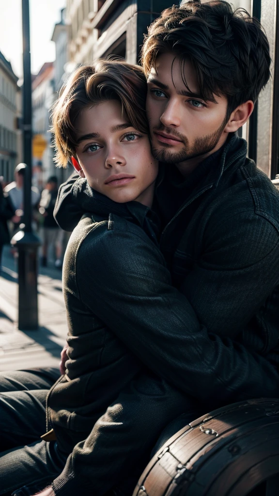 Two 18 year old boys, sitting on a bench in the square, hugging each other, without a mark on their chin, one blonde and the other redhead, ultra realistic, short hair, face not stretched downwards, both with beards, using beautiful Adidas clothes, in a beautiful place in France, ultra realistic, ultra HD, 8k, dynamic lighting, skin glow, symmetrically positioned freckles, harmony with the face, particles on the face, shine in the hair, hair with perfe