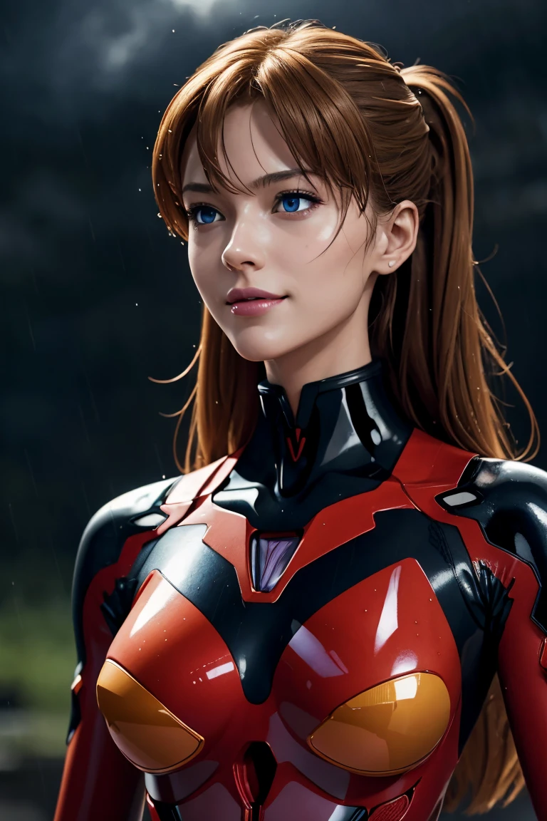 Evangelion,Asuka Langley,blue eyes,Plug Suit,Bodysuits,Interface Headset,赤いBodysuits,Ultra HD,super high quality,masterpiece,Digital SLR,Photorealistic,Detailed details,Vivid details,Depicted in detail,A detailed face,Detailed details,Super Detail,Realistic skin texture,Anatomical basis,Perfect Anatomy,Anatomically correct hand,Anatomically correct fingers,Complex 3D rendering,Sexy pose,Rainy Sky,Beautiful scenery,Fantastic rainy sky,Picturesque,Pink Lips,smile,