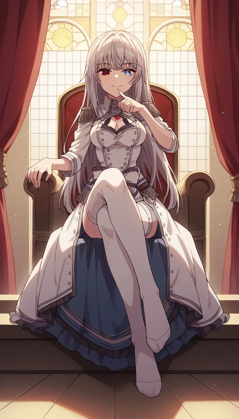 1girl, solo, full length, long hair, loose hair, medium breasts, looking at viewer, legs, hand, bangs, smile, heterochromia, red eyes, blue eyes, sitting, arrogant smile, legs, stockings, cleavage, indoors, on the throne, closed mouth, heterochromia, crossing legs, hand raised to mouth, one leg lies on the other, pov white stockings,