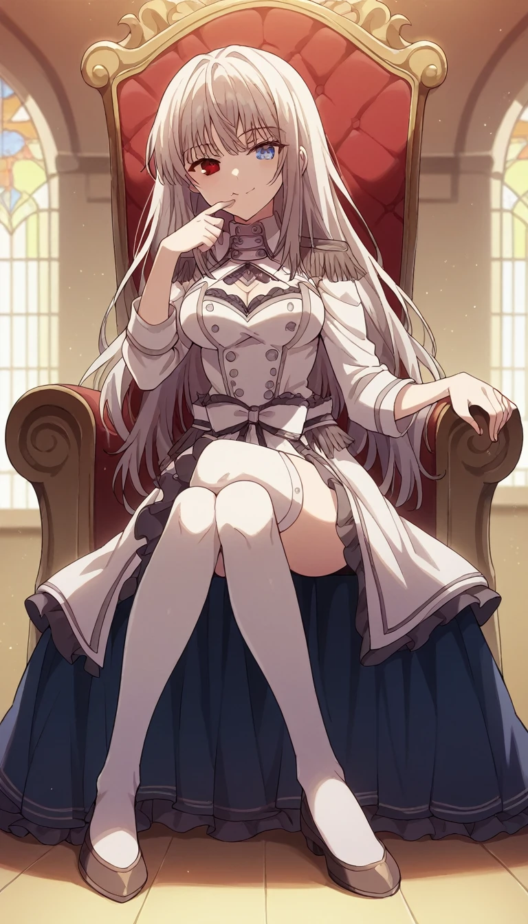 1girl, solo, full length, long hair, loose hair, medium breasts, looking at viewer, legs, hand, bangs, smile, heterochromia, red eyes, blue eyes, sitting, arrogant smile, legs, stockings, cleavage, indoors, on the throne, closed mouth, heterochromia, crossing legs, hand raised to mouth, one leg lies on the other, pov white stockings,