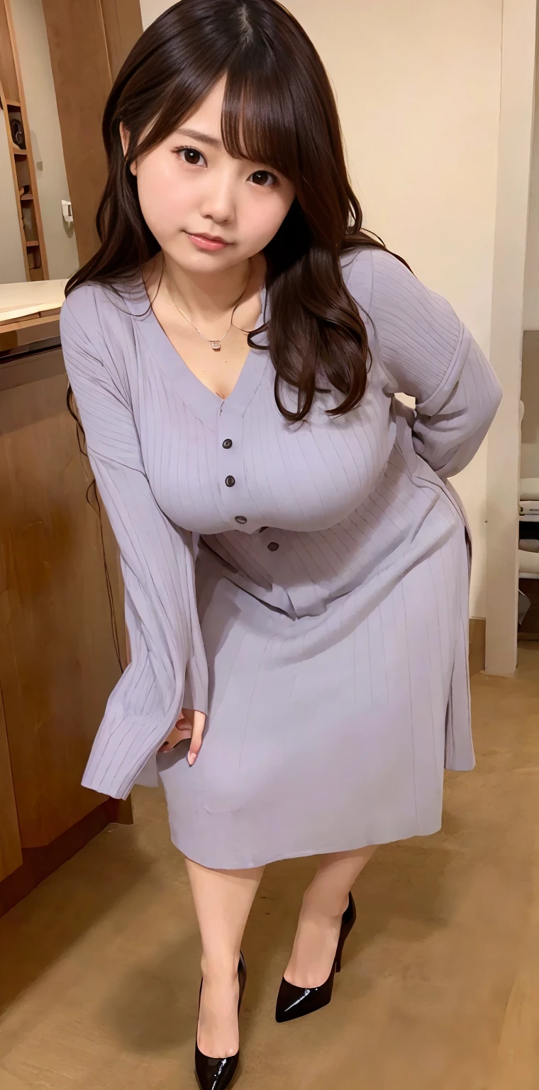 (Highest quality、Highest quality、Raw quality)、Japanese ID, Mature Woman, ((Chubby round face around 40 years old)), Wavy black hair with no bangs, Medium Long Hair, ponytail, Flashy makeup, Fuller lips, Sexy Gaze, uniform, ((dressing)), looking at the camera, Low angle shooting, Cute duck lips,((Very accurate and correct anatomy)), (masterpiece:1.3), Glamor and perfect proportions, Realistic photos, Full Shot, whole body, (height: 146cm), High heels