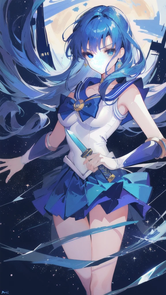 Anime girl in a blue dress holding a sword in the night city, the Sailor Moon. beautiful, artstation pixivでトレンド, Highly detailed art gems, portrait Zodiac Knight Girl, Art Station pixiv's artgerm, Sailor Moon!!!!!!!!, Alice x. open, Very detailed fan art, Zodiac Knight Girl, ! Dream Art Germ, Artgerm JSC