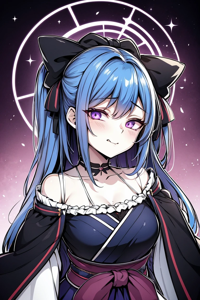 at pixiv, top rated on pixiv, pixiv style, pixiv contest winner, portrait of a goth catgirl, pixiv 3dcg, Girl, medium ruffled layered blue hair, purple eyes, open belly, Masterpiece ultra high quality, high-quality, Good detail, sticking out tongue, long tongue, hakama outfit with stomach exposed, half-body shot above waist, fire halo like circle around body, hands behind head.