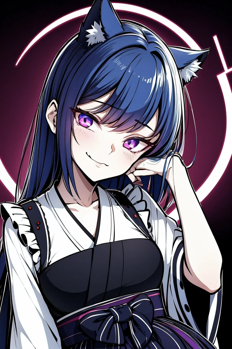 at pixiv, top rated on pixiv, pixiv style, pixiv contest winner, portrait of a goth catgirl, pixiv 3dcg, Girl, medium ruffled layered blue hair, purple eyes, open belly, Masterpiece ultra high quality, high-quality, Good detail, sticking out tongue, long tongue, hakama outfit with stomach exposed, half-body shot above waist, fire halo like circle around body, hands behind head.