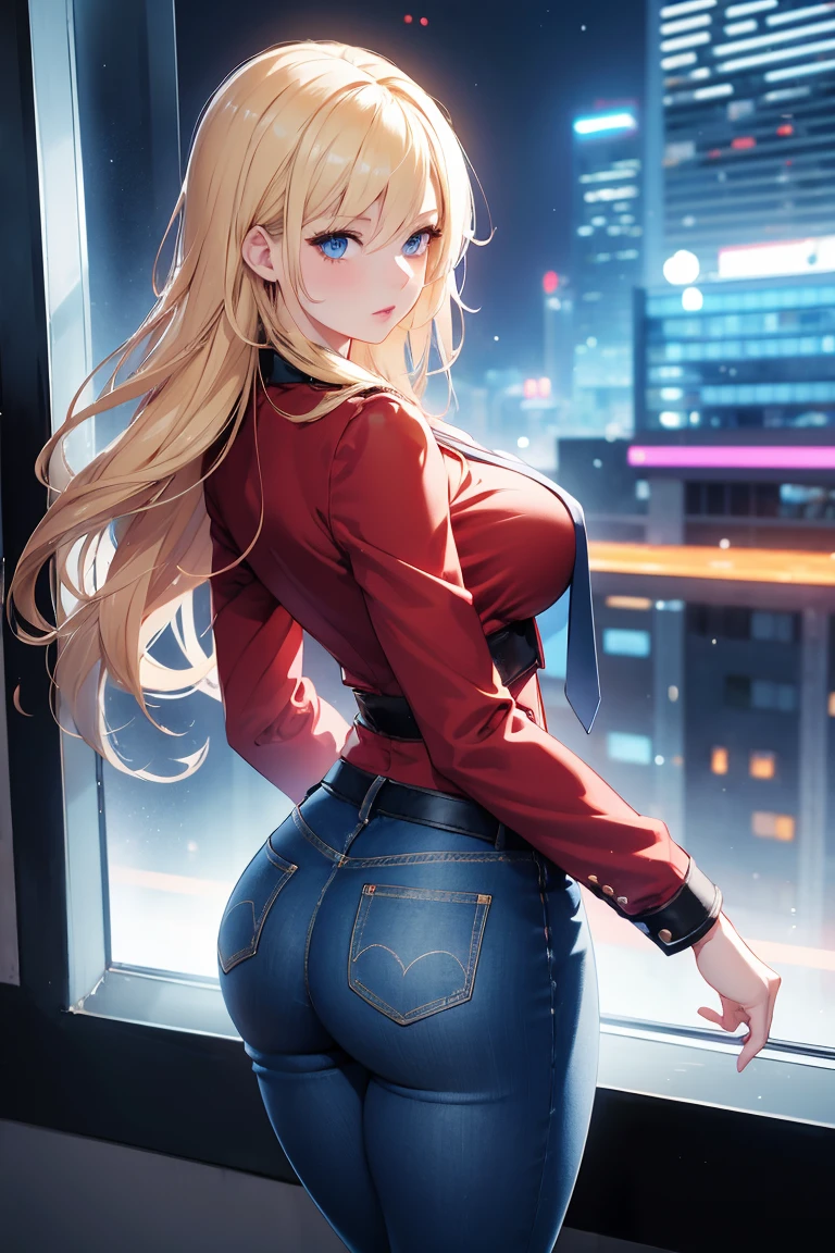 One Girl , Office Clothes , Nice Jacket, Short Tight Jeans, Red Tie, Girl in Office, Outside Window View of Futuristic City, Lush Breasts, Wide Hips, Narrow Waist, Big Butt, Puffy Lips, Blonde Hair, Blue Eyes, In Motion, Correct Anatomy, Awesome Quality, Bright Colours, Velecolebdny Picture, Friendly.