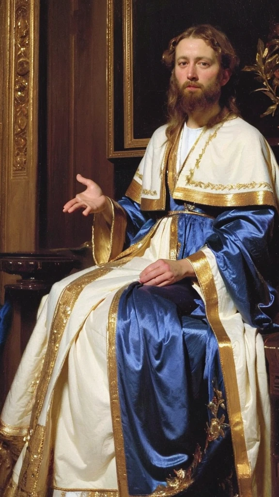 A painting of Jesus with his hands in front of him by Jan van Eyck. With beautiful silk, cotton robes of blue and white with golden embroidery