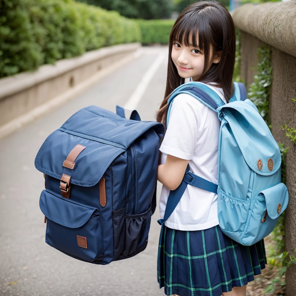 ((highest quality)), ((masterpiece)), (be familiar with), Perfect Face,Japanese,9 years old,Girl,cute,Primary school students,In the classroom,Private elementary school,Checkered mini skirt,White polo shirt,A young girl wearing a traditional Japanese randoseru backpack in a soft, pale lavender color. A randoseru is a firm, box-shaped backpack widely used by elementary school students in Japan. It typically has a flat top with a handle, a light rigid frame, and two parallelogram-shaped compartments. The randoseru should be a delicate light purple shade.