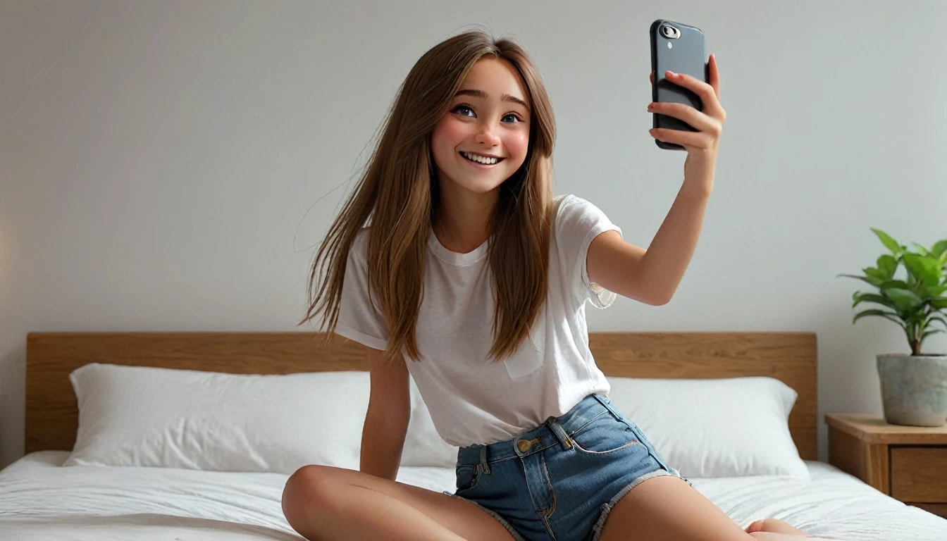 ((masterpiece, best quality)), award winning, 4k, 8k, simple background, photography, visible face, (one girl), 20 years old, Teenage girl with a cheerful and playful demeanor. She has long, straight hair, a simple white plain t-shirt and denim shorts. sitting pose, in bed, holding iphone, taking selfie. Perfect hands. Pixar Character.