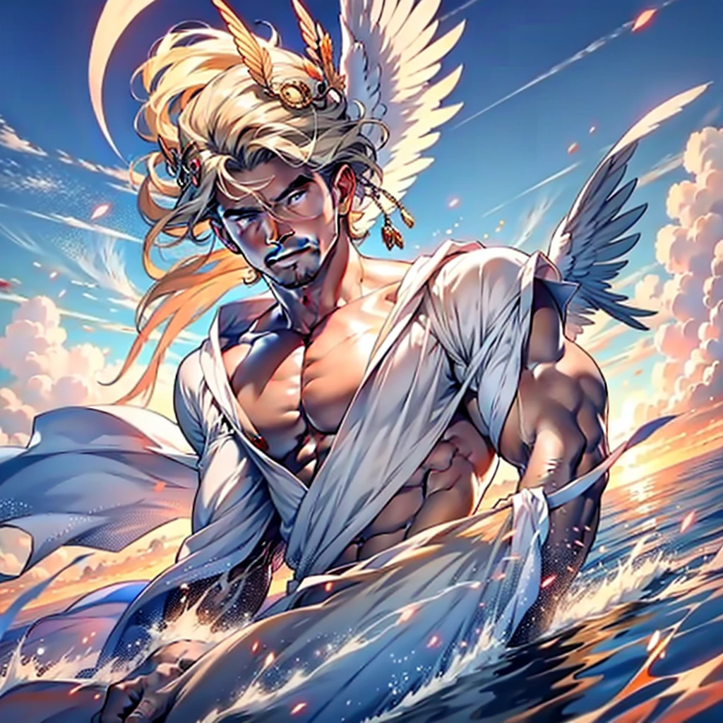 NSFW , 32k,masterpiece, best quality, detailed face, natural eyes,1man, solo mature man, muscled and mature, stephen amell as an angel , TOTALLY NAKED wearing a see thru transparent robe with THIN golden embroidery , SHOWING HIS COCK AND wearing 2 very WIDE angel's wings , showing muscles ,floating and flying in the sky with clouds , full body, intricate Detailed background at sunset