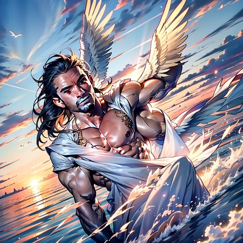 NSFW , 32k,masterpiece, best quality, detailed face, natural eyes,1man, solo mature man, muscled and mature, stephen amell as an angel , TOTALLY NAKED wearing a see thru transparent robe with THIN golden embroidery , SHOWING HIS COCK AND wearing 2 very WIDE angel's wings , showing muscles ,floating and flying in the sky with clouds , full body, intricate Detailed background at sunset