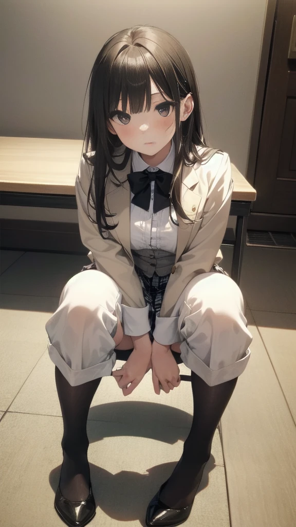 Top quality, masterpiece, High resolution, (Head to toe full body), front, frontやや下からの構図, Symmetric, Tall 18 year old girl, alone, (Head to toe), (Small breasts), Unkempt brown hair, bangs, (black tights), (Black Pantyhose), (Sit with your legs apart), (Crouching pose), (A composition showing white panties), (Her legs were spread、I see your white pants.), (I was made to sit on the floor with my legs spread..), (M-shaped legs), Thin legs, A very beautiful and tall 18 year old girl, (No shoes), blush, Shy big eyes, looking at the camera, Blazer Uniform, Checkered Pleated Skirt