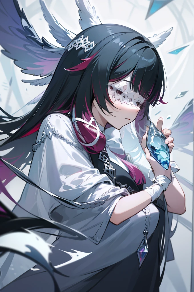 Close up photo of woman in glass, intricate detailes, long hair, White background, Transparent body, Visible veins, wires, Highly detailed, Head, Upper body, Breathtaking, foco nítido,Glass Art、red and blue、intricate detailes、Terrible、The most beautiful forms of chaos like glasswork、Delicate、fleeting、Magnificent scale