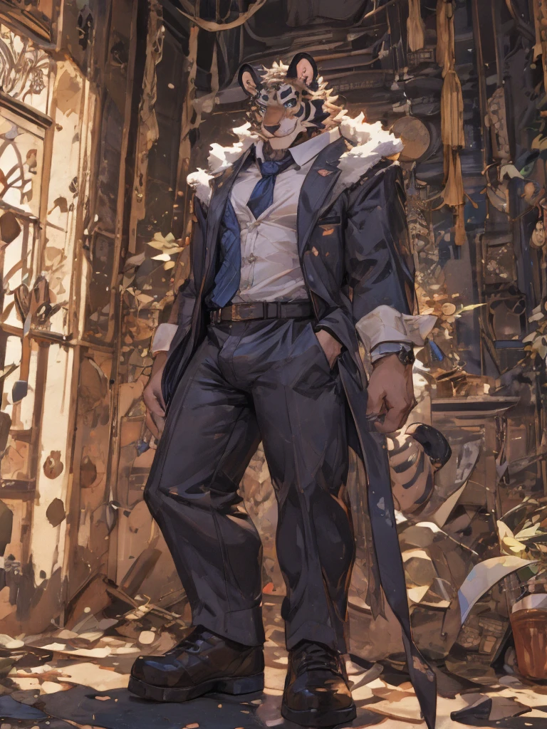 {{bara extremely handsome white tiger,}} {{white fur,}} white, wearing elegant ornate suit jacket, trousers, white dress shirt and necktie, white fluffy furry body and limbs, loafers, very tall, very broad shoulders, narrow waist, muscular arms, massive pecs, purple eyes, very long legs, massive bulge, sophisticated hot look, full body, 3/4 view, best quality, high quality, silver earring on left ear, sultry smirk, multiple views, character sheet