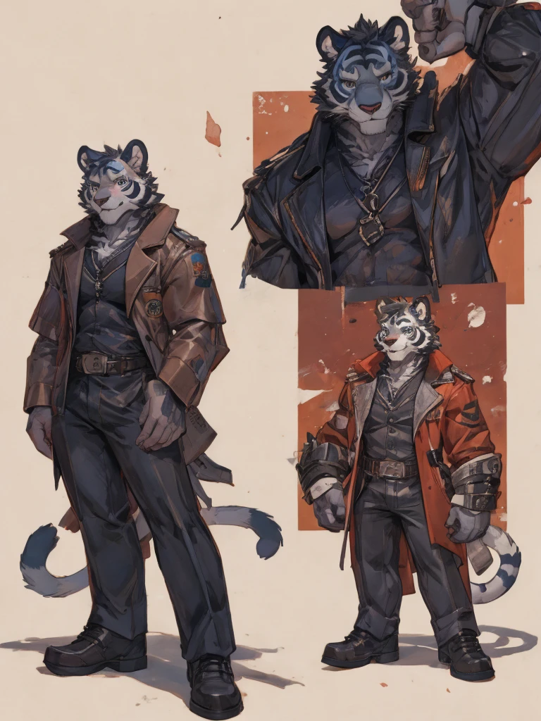 {{bara extremely handsome white tiger,}} {{white fur,}} white, wearing elegant ornate suit jacket, trousers, white dress shirt and necktie, white fluffy furry body and limbs, loafers, very tall, very broad shoulders, narrow waist, muscular arms, massive pecs, purple eyes, very long legs, massive bulge, sophisticated hot look, full body, 3/4 view, best quality, high quality, silver earring on left ear, sultry smirk, multiple views, character sheet