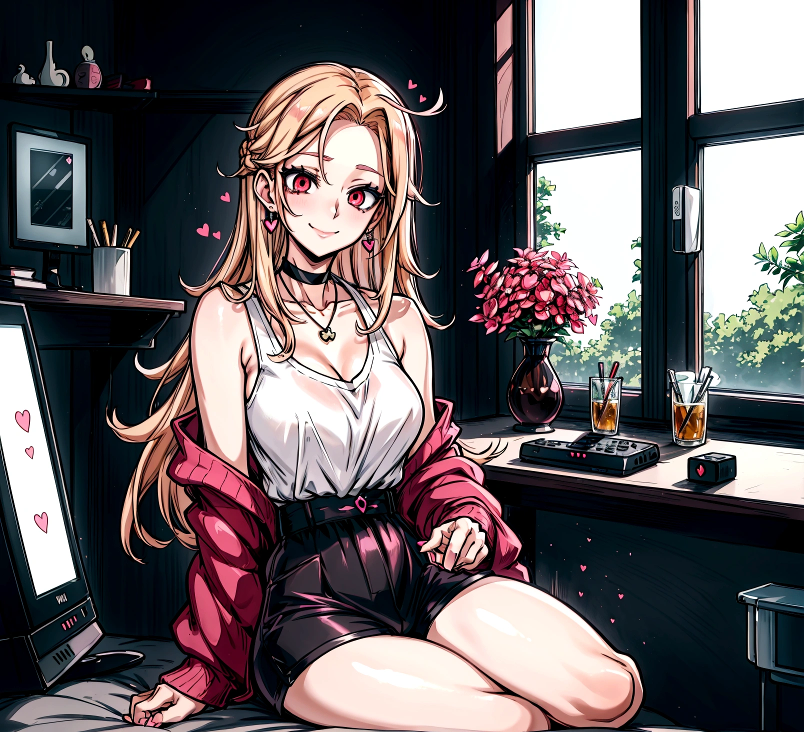 ((최고의 품질)), ((걸작)), (상세한), 여자 1명, Create an anime-style digital artwork of a character with long, straight, sleek blonde hair and bright red eyes. The character is wearing a white cardigan over a black tank top and dolphin shorts. She is accessorized with a pink heart pendant choker and long, decorative earrings. Her hair features a red heart hairpin on the side. The character is sitting in her room in front of a desktop computer, smiling warmly. The background should show a cozy room with soft lighting, with elements like a computer desk, monitor, and some personal items scattered around. The overall mood should be relaxed and inviting, capturing the essence of a casual day indoors.shiny forehead,slicked-back hair, forehead