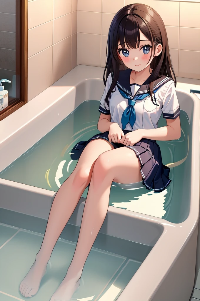 chunmomo, (masterpiece, best quality:1.2), soft light, 1girl, solo, delicate face, Detailed skin, long black hair, ,school uniform,in swimming pool