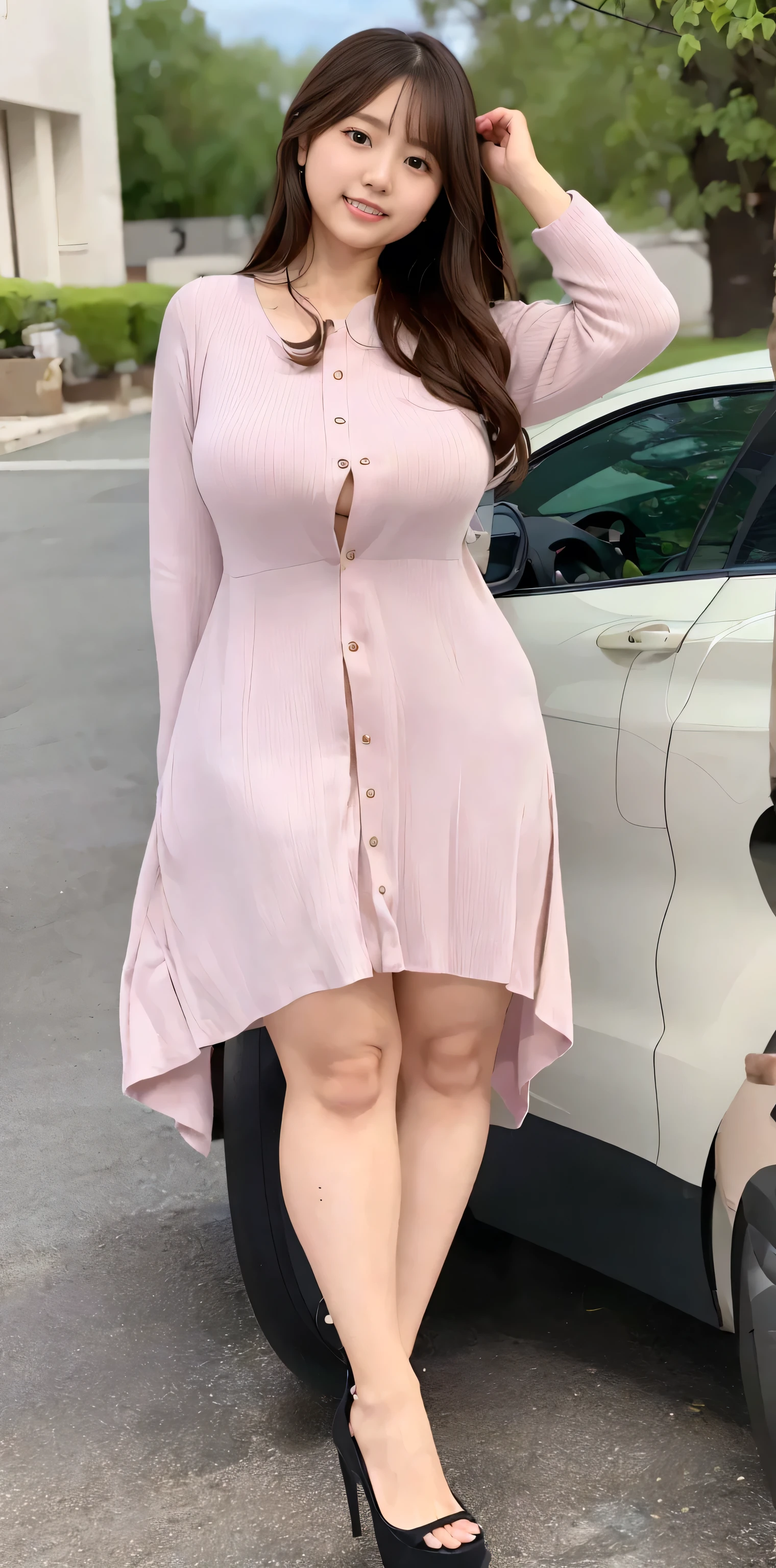 (Highest quality、Highest quality、Raw quality)、Japanese ID, Mature Woman, ((Chubby round face around 40 years old)), Wavy black hair with no bangs, Medium Long Hair, ponytail, Flashy makeup, Fuller lips, Sexy Gaze, uniform, ((dressing)), looking at the camera, Low angle shooting, Cute duck lips,((Very accurate and correct anatomy)), (masterpiece:1.3), Glamor and perfect proportions, Realistic photos, Full Shot, whole body, (height: 146cm), High heels