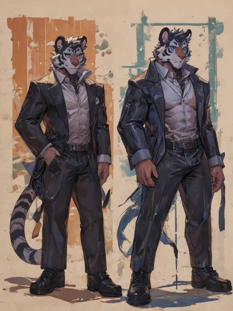 {{bara extremely handsome white tiger,}} {{white fur,}} white, wearing elegant ornate suit jacket, trousers, white dress shirt and necktie, white fluffy furry body and limbs, loafers, very tall, very broad shoulders, narrow waist, muscular arms, massive pecs, purple eyes, very long legs, massive bulge, sophisticated hot look, full body, 3/4 view, best quality, high quality, silver earring on left ear, sultry smirk, multiple views, character sheet