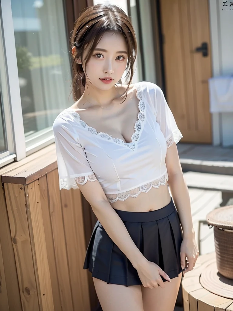 White floral lace shirt、Please wear it with the chest open.、Shirt bottoms tucked outside skirt、Hide the skin of the belly