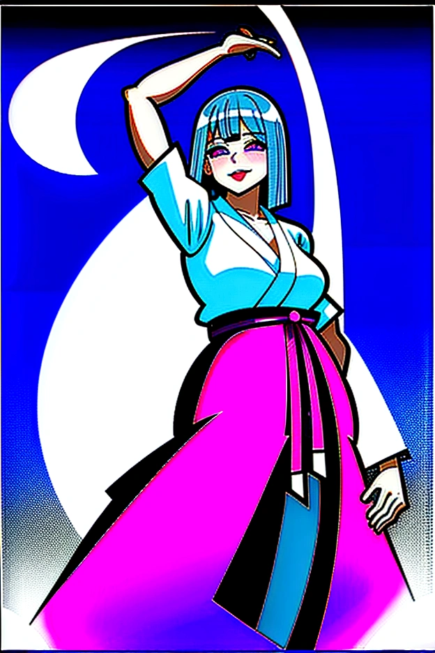 Girl, medium ruffled layered blue hair, purple eyes, open belly, Masterpiece ultra high quality, high-quality, Good detail, sticking out tongue, long tongue, hakama outfit with stomach exposed, half-body shot above waist, fire halo like circle around body, hands behind head.