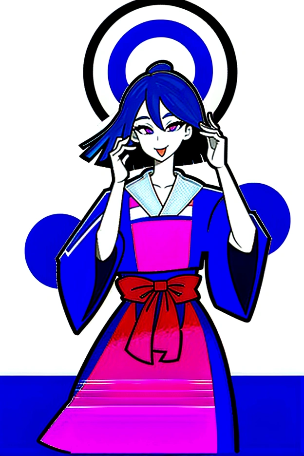 Girl, medium ruffled layered blue hair, purple eyes, open belly, Masterpiece ultra high quality, high-quality, Good detail, sticking out tongue, long tongue, hakama outfit with stomach exposed, half-body shot above waist, fire halo like circle around body, hands behind head.