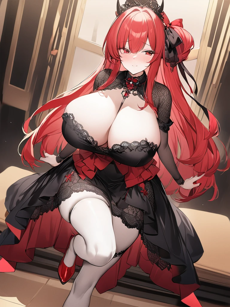 Highest quality、devil、Long Red Hair、Black Dress、Big Breasts、Lots of lace、Fluttering Skirt、red heels