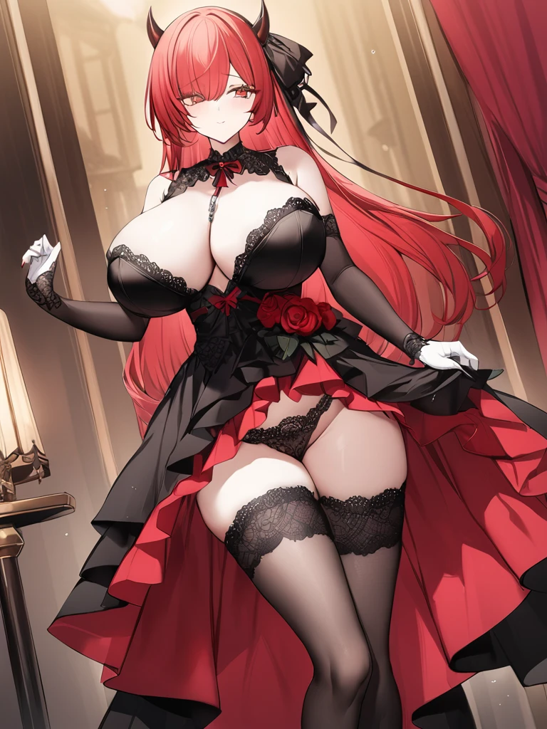 Highest quality、devil、Long Red Hair、Black Dress、Big Breasts、Lots of lace、Fluttering Skirt、red heels