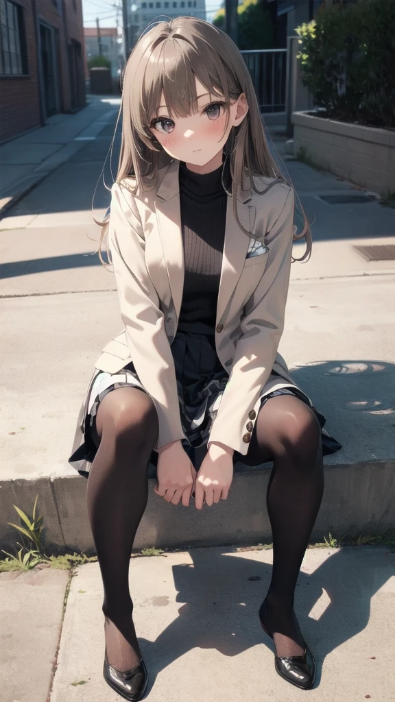 Top quality, masterpiece, High resolution, (Head to toe full body), front, frontやや下からの構図, Symmetric, Tall 18 year old girl, alone, (Head to toe), (Small breasts), Unkempt brown hair, bangs, (black tights), (Black Pantyhose), (Sit with your legs apart), (Crouching pose), (A composition showing white panties), (Her legs were spread、I see your white pants.), (I was made to sit on the floor with my legs spread..), (M-shaped legs), Thin legs, A very beautiful and tall 18 year old girl, (No shoes), blush, Shy big eyes, looking at the camera, Blazer Uniform, Checkered Pleated Skirt