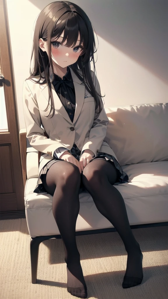 Top quality, masterpiece, High resolution, (Head to toe full body), front, frontやや下からの構図, Symmetric, Tall 18 year old girl, alone, (Head to toe), (Small breasts), Unkempt brown hair, bangs, (black tights), (Black Pantyhose), (Sit with your legs apart), (Crouching pose), (A composition showing white panties), (Her legs were spread、I see your white pants.), (I was made to sit on the floor with my legs spread..), (M-shaped legs), Thin legs, A very beautiful and tall 18 year old girl, (No shoes), blush, Shy big eyes, looking at the camera, Blazer Uniform, Checkered Pleated Skirt